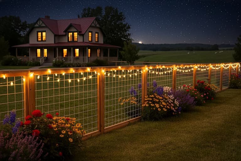 Style example of a silver hog wire fence with wood framing and warm outdoor lights at night