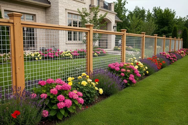 Style example of a silver hog wire garden fence with wood posts and flower beds