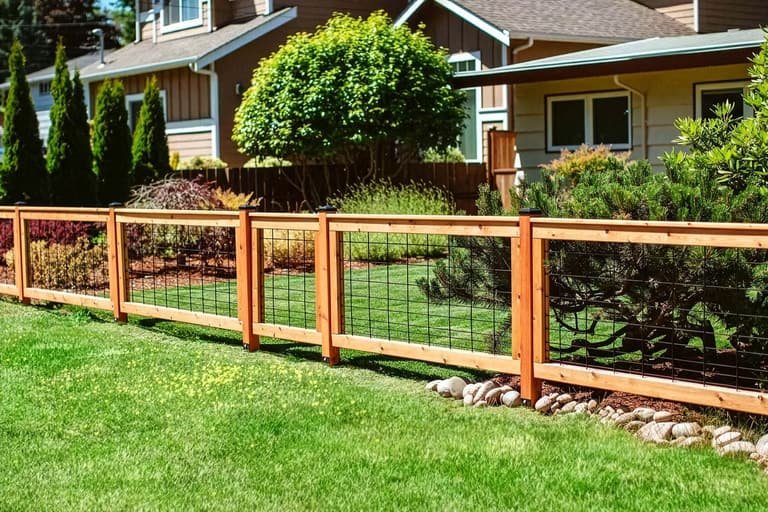 Style example of a wood-framed black hog wire garden fence with landscape planting