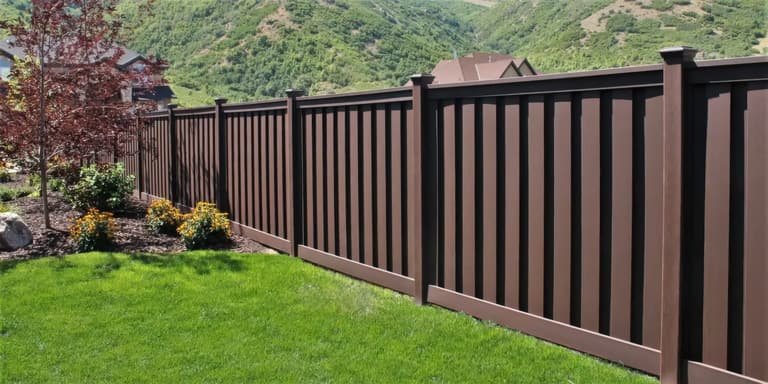 Trex composite fence running through a landscaped hillside yard