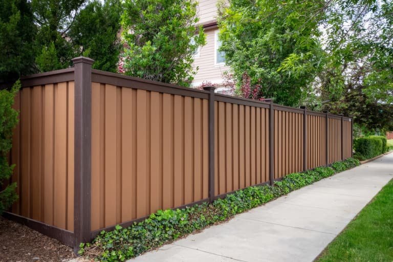 Tan and brown Trex composite fence along a sidewalk